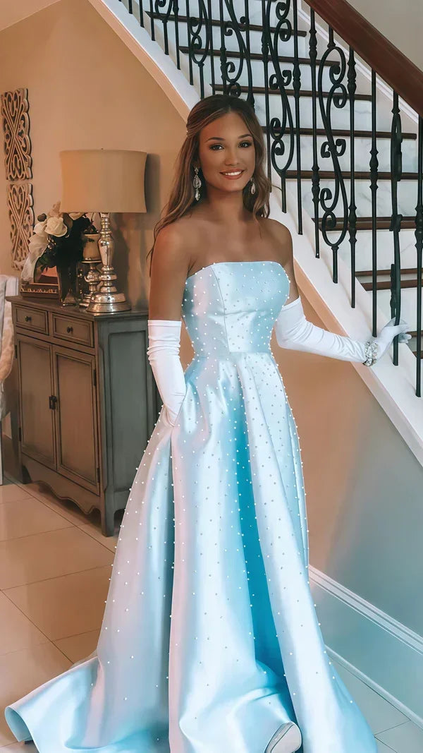 Bellissimo vestito da festa di compleanno senza spalline, azzurro chiaro, decorato con perle, abito formale da ballo serale Y8120