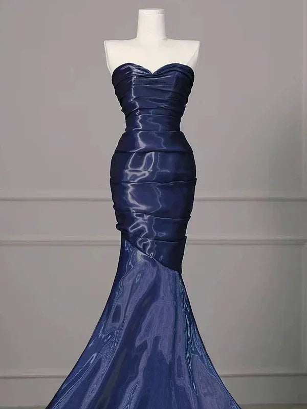 Splendido Abito Lungo da Sera Senza Spalline a Pieghe Blu Nevy Sirena per Ballo Y7987