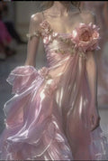 Elegante Abito da Sera Rosa in Chiffon con Spalline Sottili e Fiori 3D Y8336