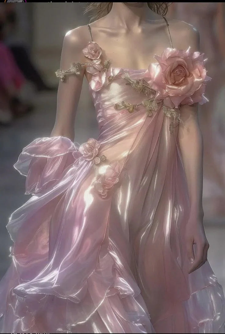 Elegantes Abendkleid mit Spaghettiträgern aus rosa Chiffon und 3D-Blumen Y8336
