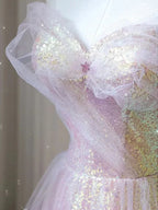 Abito lungo da sera lucido in tulle con paillettes, linea a trapezio con spalle scoperte Y1416