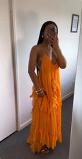 Abito da sera e da festa in chiffon con scollo a V sensuale e balze, arancione, modello Y8065