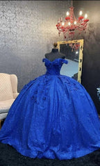 Robe de bal à épaules dénudées avec sequins Robes de quinceañera Bleu royal Robe Sweet 16 Fleurs 3D Y5564