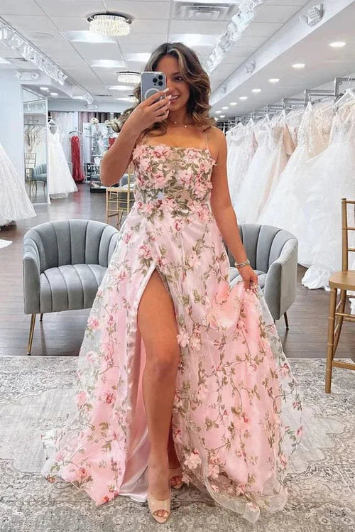 Vestidos de Festa Longos com Estampa Floral Rosa em Corte A e Fenda Alta para Formatura e Eventos Formais Y5893