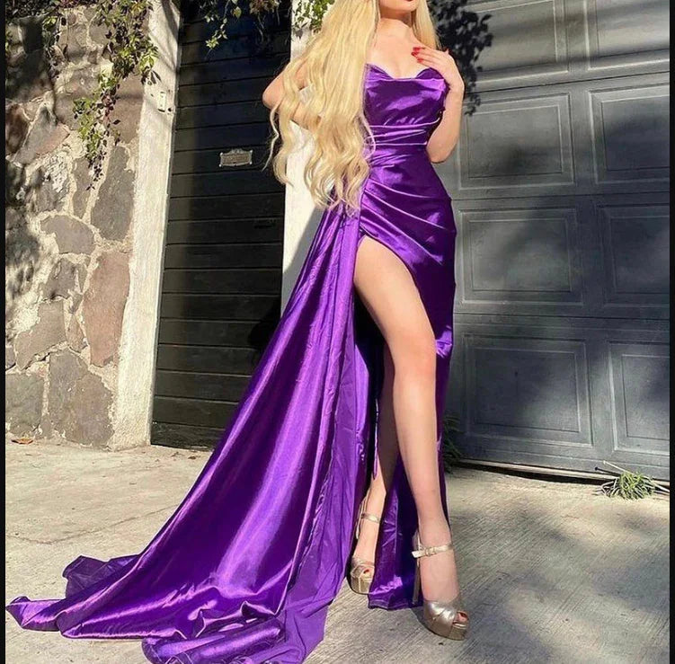 Sexy abito lungo da sera viola in raso con spacco laterale, abito lungo da ballo Y1923