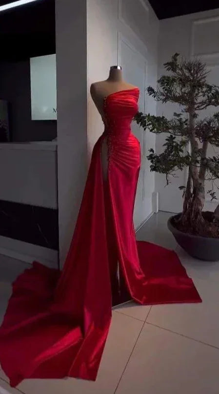 Vestido de noite vermelho com decote assimétrico, cetim, pregas e racha alta, vestido formal encantador Y379