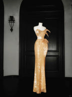 Vestido de Baile Longo de Sereia Dourado com Lantejoulas e Sem Alças Y8656