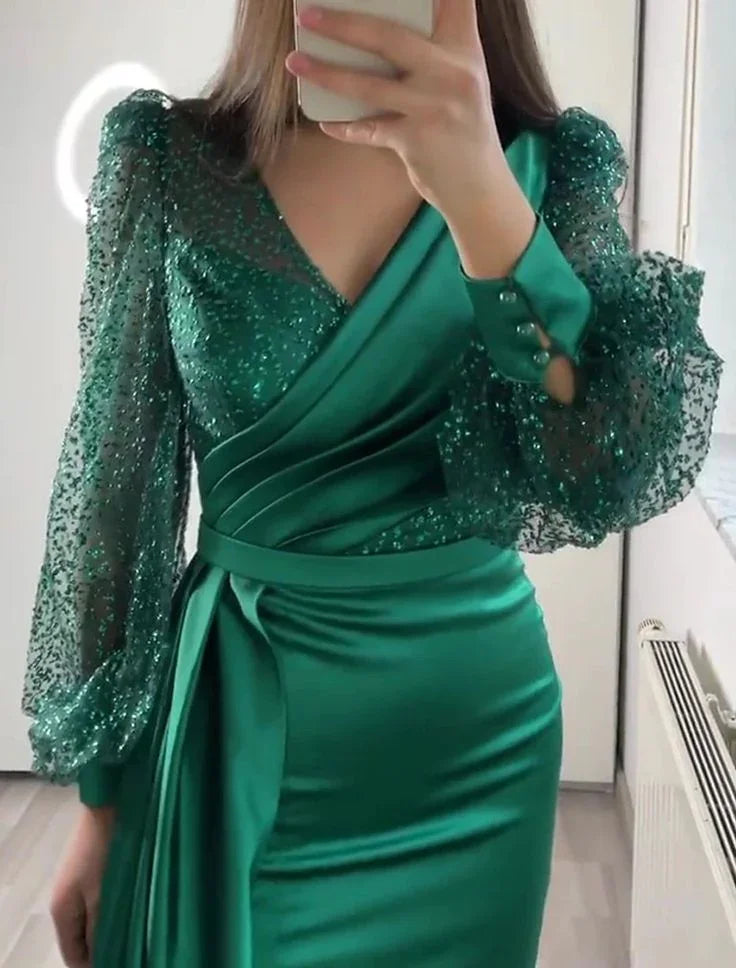 Robe de soirée en satin vert foncé à col en V et manches longues Y6109