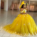 Abito da ballo giallo per Quinceañera con spalle scoperte, allacciatura posteriore, strascico a spazzola, applicazioni e perline Y656