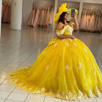 Abito da ballo giallo per Quinceañera con spalle scoperte, allacciatura posteriore, strascico a spazzola, applicazioni e perline Y656