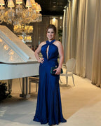 Robe longue de bal sirène plissée à col halter bleue Y8475