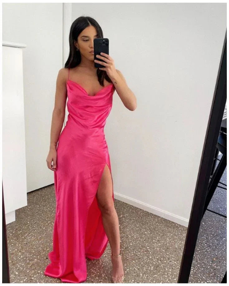 abito formale rosa acceso con collo a scialle, lungo abito da sera Y3013
