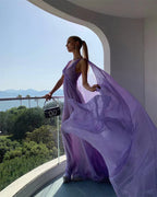 Abito da sera lungo semplice viola con scollo a V in tulle Y7774