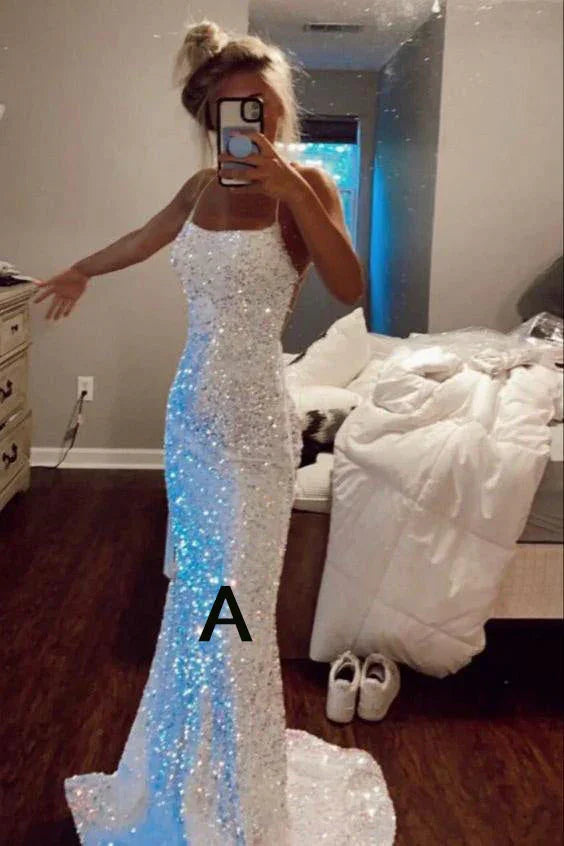 Abito da sera bianco con paillettes, spalline sottili scintillanti, modello sirena, Y8071
