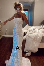 Abito da sera bianco con paillettes, spalline sottili scintillanti, modello sirena, Y8071