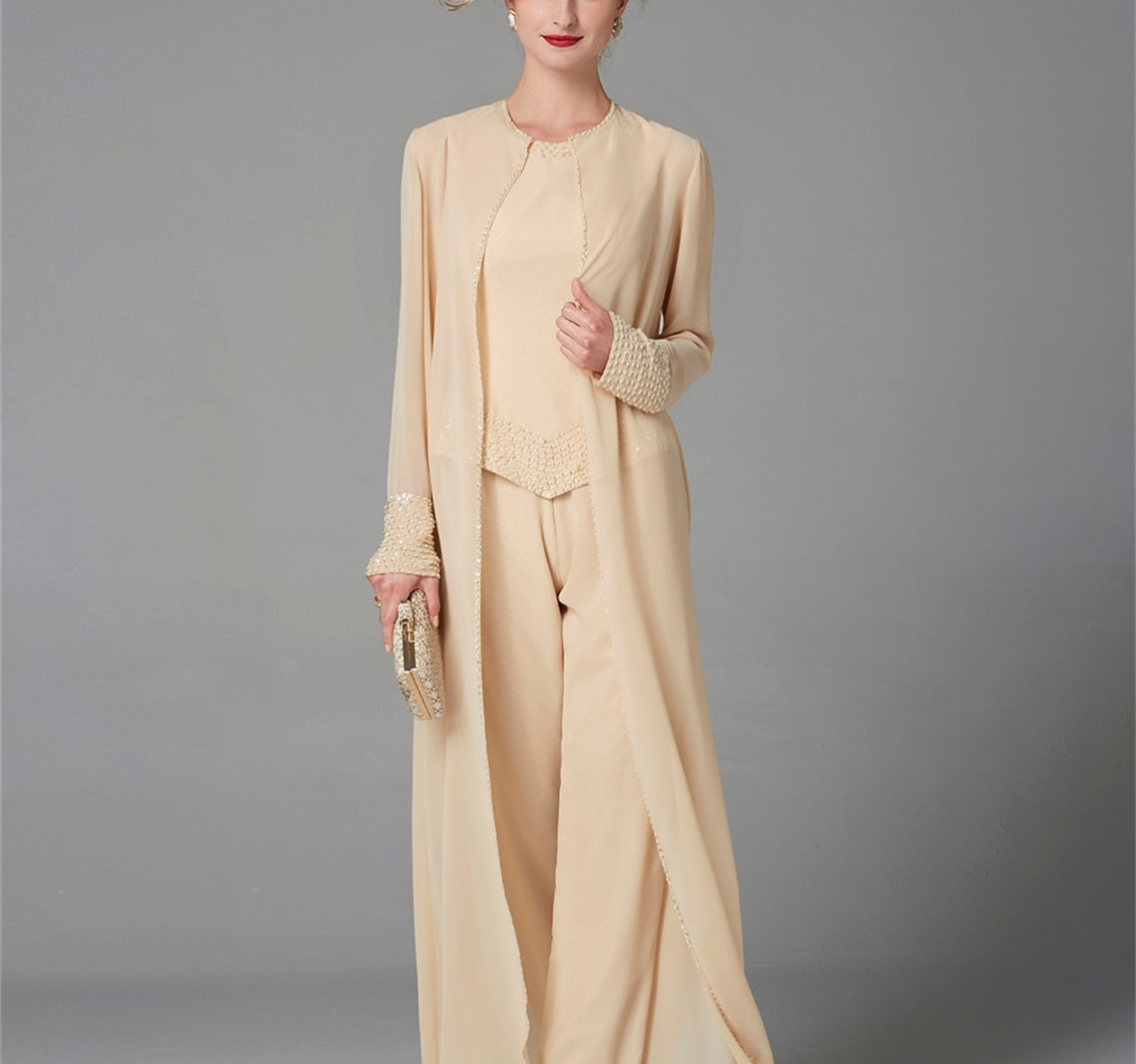 Mother Of The Bride Pantsuit With Jacket And Sequins Long Sleeve Chiffon