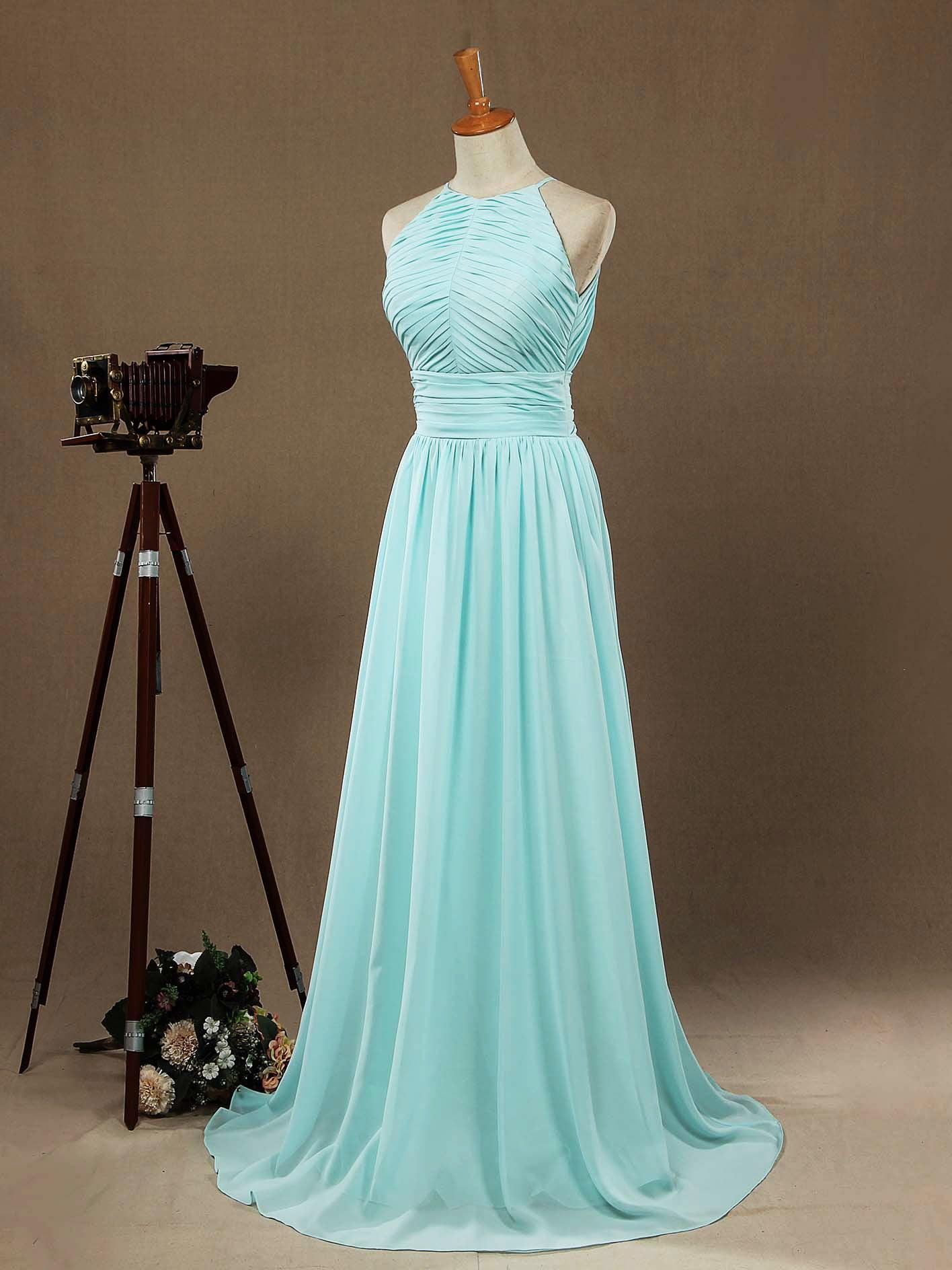Vestidos de Baile de Chiffon Comprimento ao Chão Corte em A com Alças ao Pescoço e Costas Descobertas com Pregas