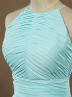 Abiti da sera in chiffon lunghi fino al pavimento, linea a trapezio, collo all'americana, schiena scoperta, pieghetti