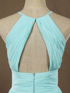 Abiti da sera in chiffon lunghi fino al pavimento, linea a trapezio, collo all'americana, schiena scoperta, pieghetti