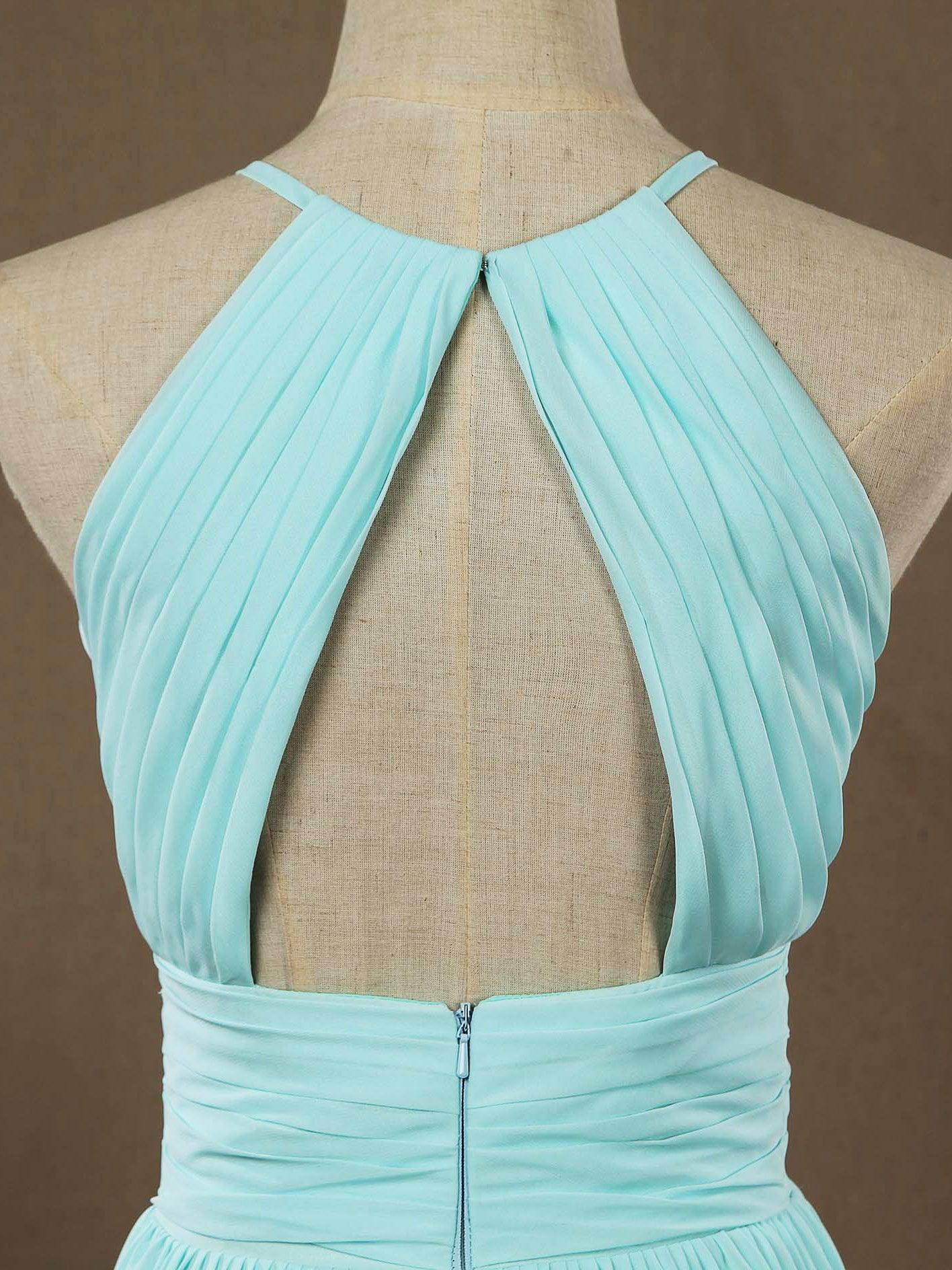 Abiti da sera in chiffon lunghi fino al pavimento, linea a trapezio, collo all'americana, schiena scoperta, pieghetti