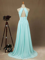 Abiti da sera in chiffon lunghi fino al pavimento, linea a trapezio, collo all'americana, schiena scoperta, pieghetti