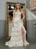 A Line Off the Shoulder Corset Prom Dress with Lace Ruffles