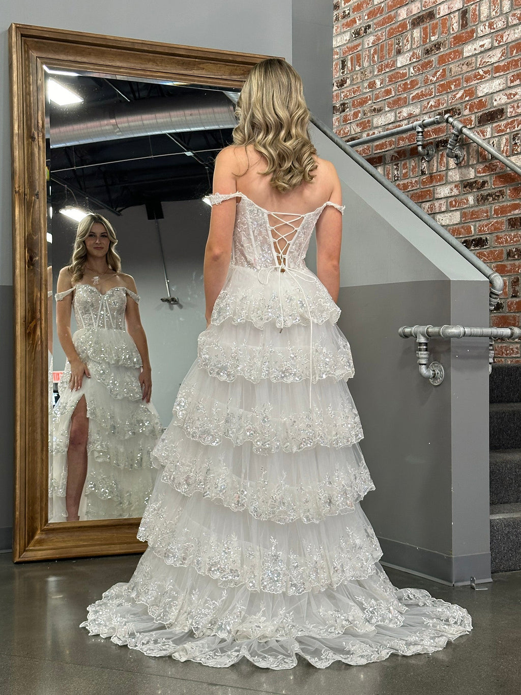 A Line Off the Shoulder Corset Prom Dress with Lace Ruffles