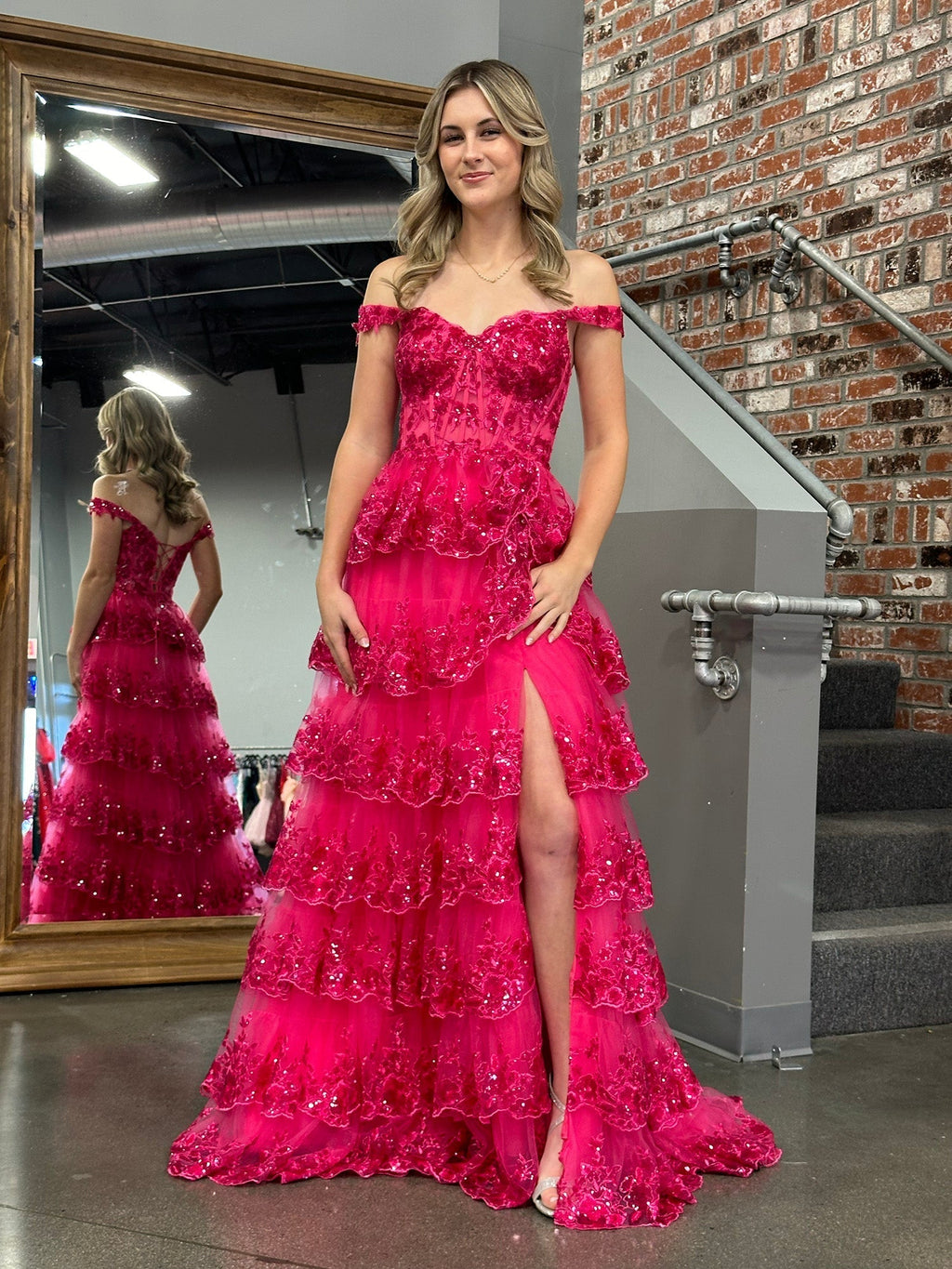A Line Off the Shoulder Corset Prom Dress with Lace Ruffles
