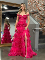 A Line Off the Shoulder Corset Prom Dress with Lace Ruffles