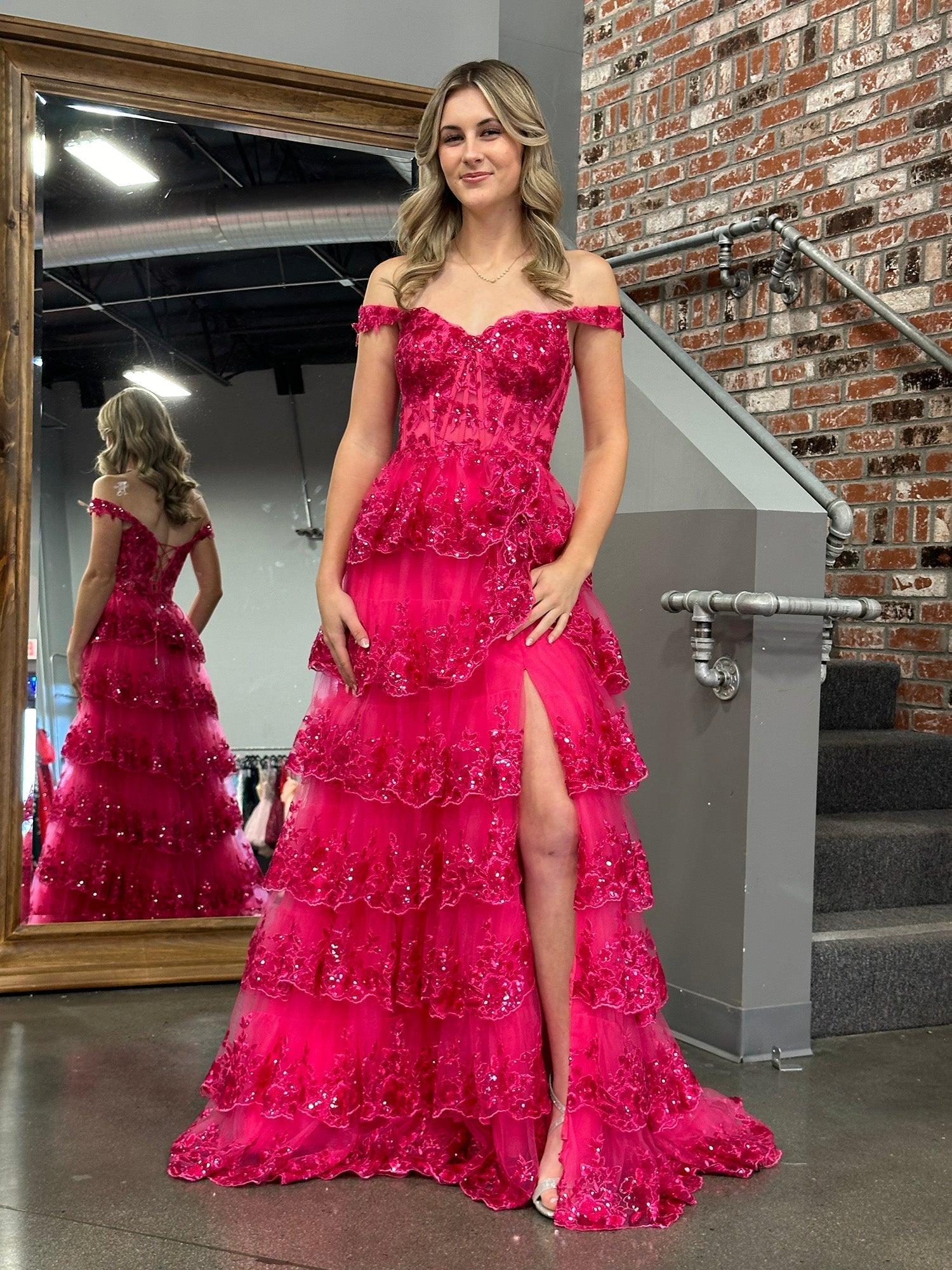 A Line Off the Shoulder Corset Prom Dress with Lace Ruffles