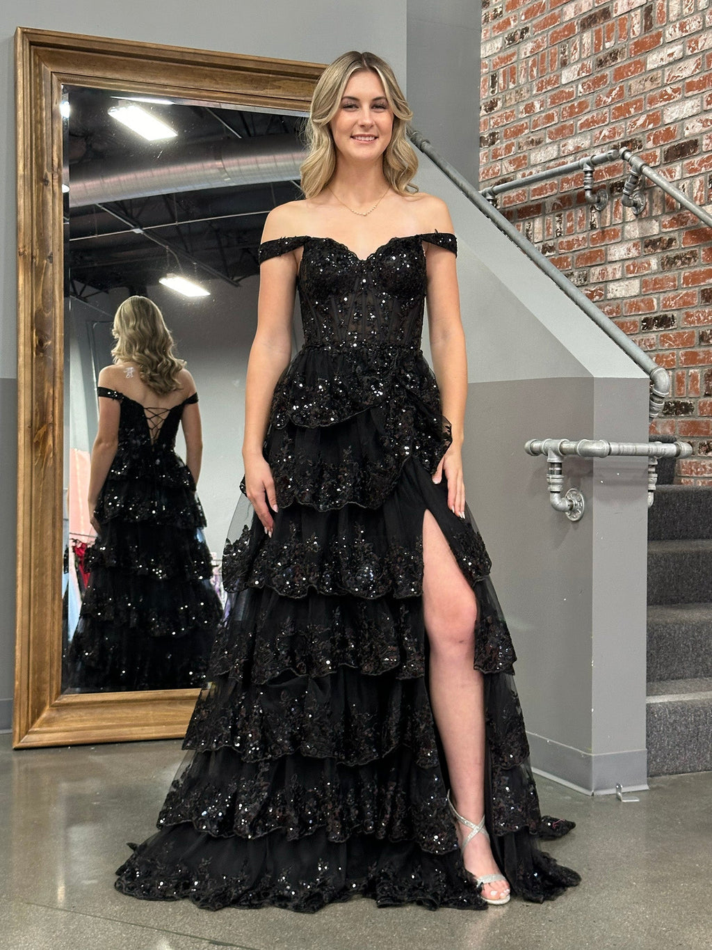 A Line Off the Shoulder Corset Prom Dress with Lace Ruffles