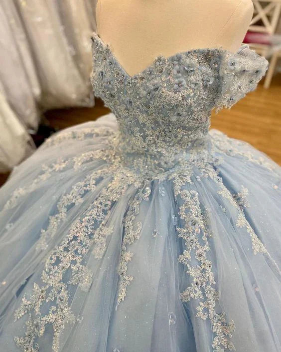 Robe de bal en tulle bleu à dentelle, décolleté bardot, robe bleue pour seize ans, robe de princesse Y2061