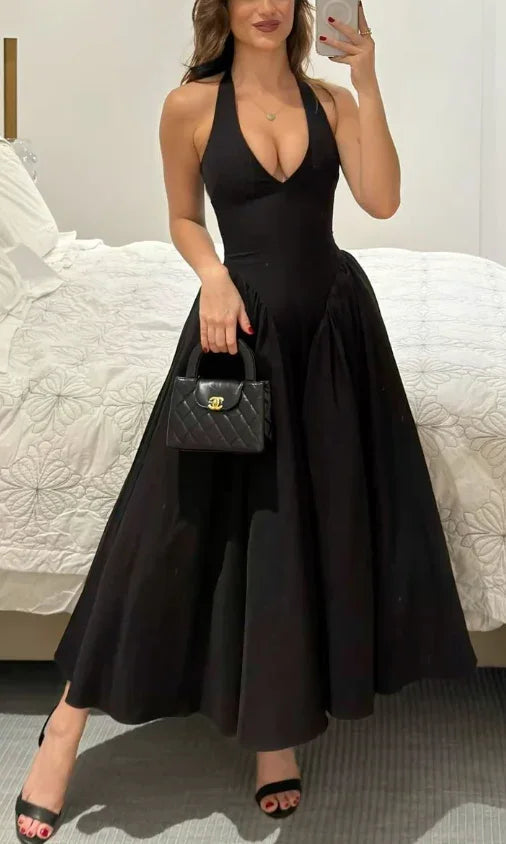 Abito da sera nero elegante a linea A con scollo a V Y7856