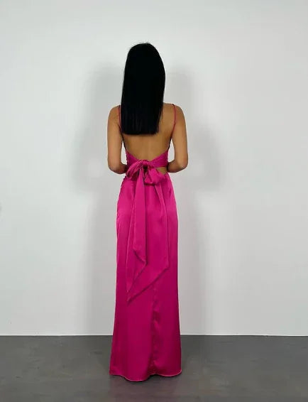 Abito lungo da sera aderente rosa acceso, senza schienale, elegante per ballo Y7894