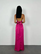 Abito lungo da sera aderente rosa acceso, senza schienale, elegante per ballo Y7894