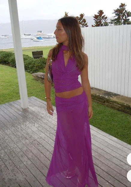 Vestido Longo de Festa Roxo Bonito com Alças de Tule Vestido de Noite Y8242