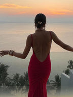 Abito da sera rosso sirena lungo con schiena scoperta, elegante per ballo Y7865