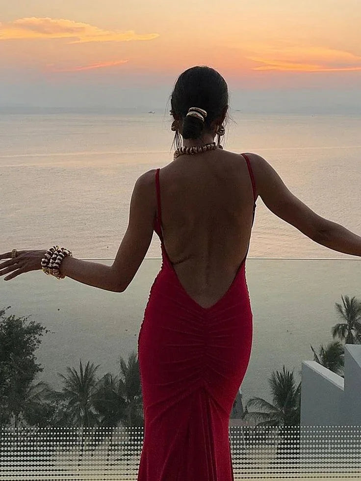 Abito da sera rosso sirena lungo con schiena scoperta, elegante per ballo Y7865