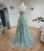 Abito da sera formale verde salvia a linea ad A con spalle scoperte, tulle e perline, abito da ballo Y8157