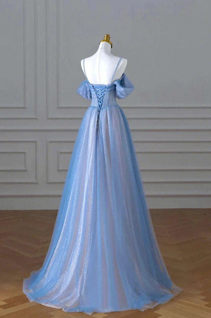 Abito lungo da sera blu con spalline sottili in tulle, bellissimo abito da ballo a linea ad A Y4592