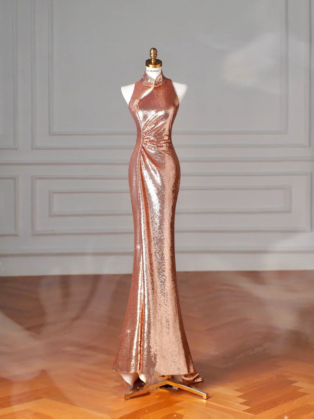 Elegante Abito Lungo da Sera con Paillettes Oro Rosa a Coda di Sirena, Scollo sulla Schiena Y8635
