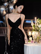 Abito da sera nero con paillettes scintillanti, vestito da sera sexy con schiena scoperta Y1124