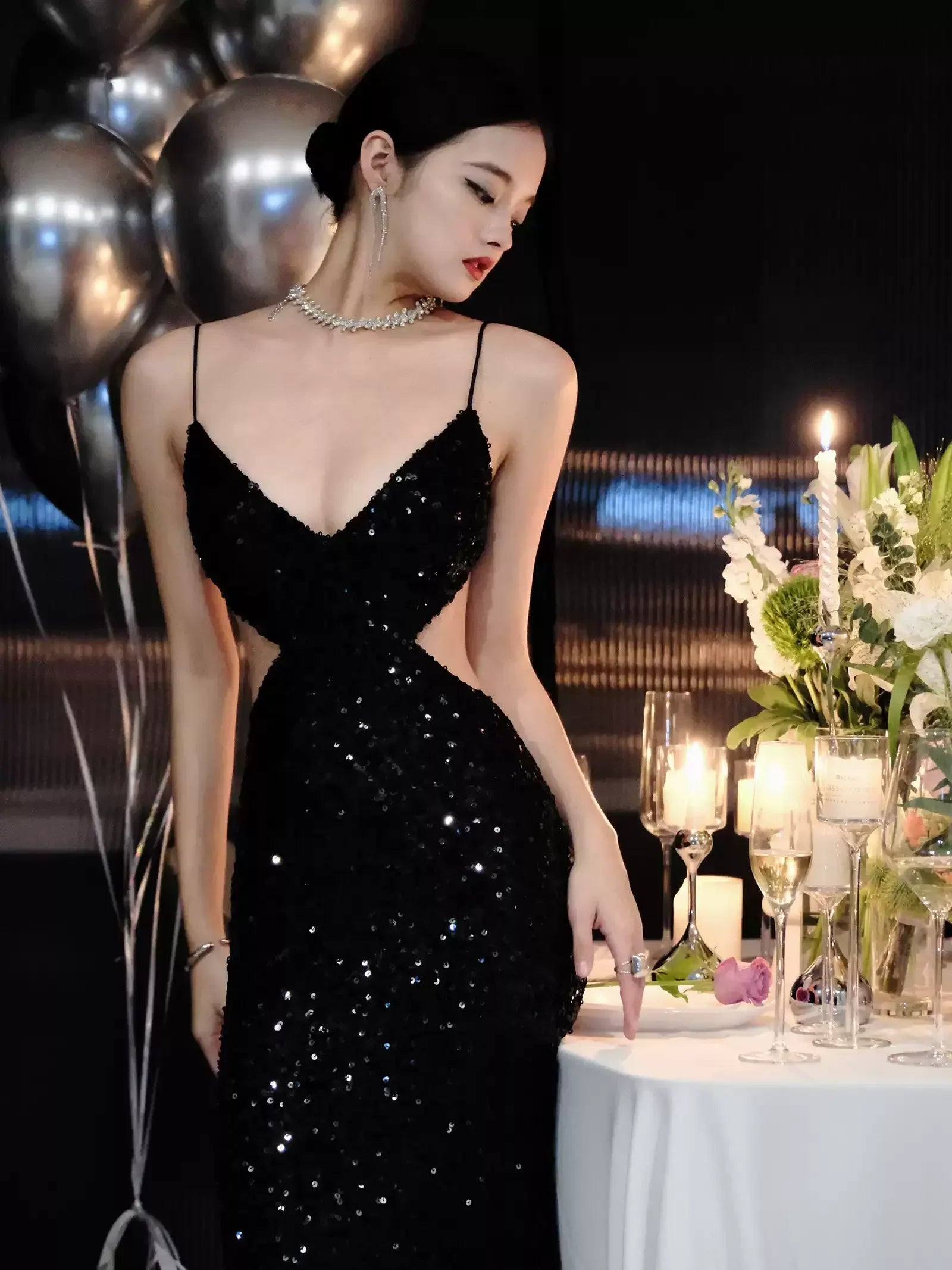 Abito da sera nero con paillettes scintillanti, vestito da sera sexy con schiena scoperta Y1124