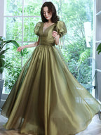Vestido longo de baile simples verde com decote em V e tule, Vestidos de noite verdes Y1872