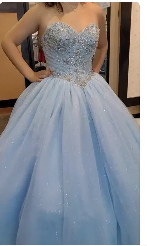 Corsetto azzurro glitterato con perline, abito da ballo azzurro chiaro per ragazza dolce con perline Y774