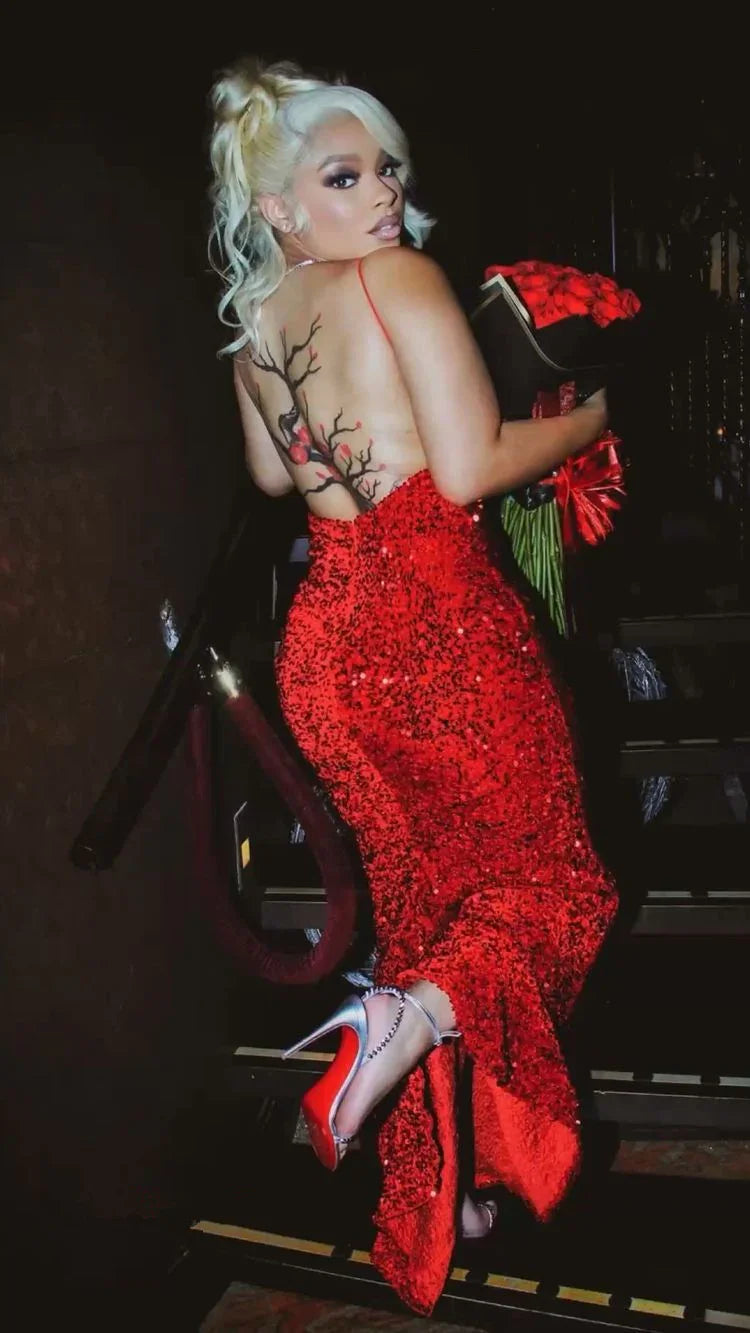 Vestido de noche rojo con lentejuelas sexy, vestido de gala rojo brillante Y2291