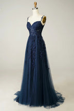 Vestido de Gala Azul Marinho em Linha A com Renda e Tule Vestido de Noite Y382