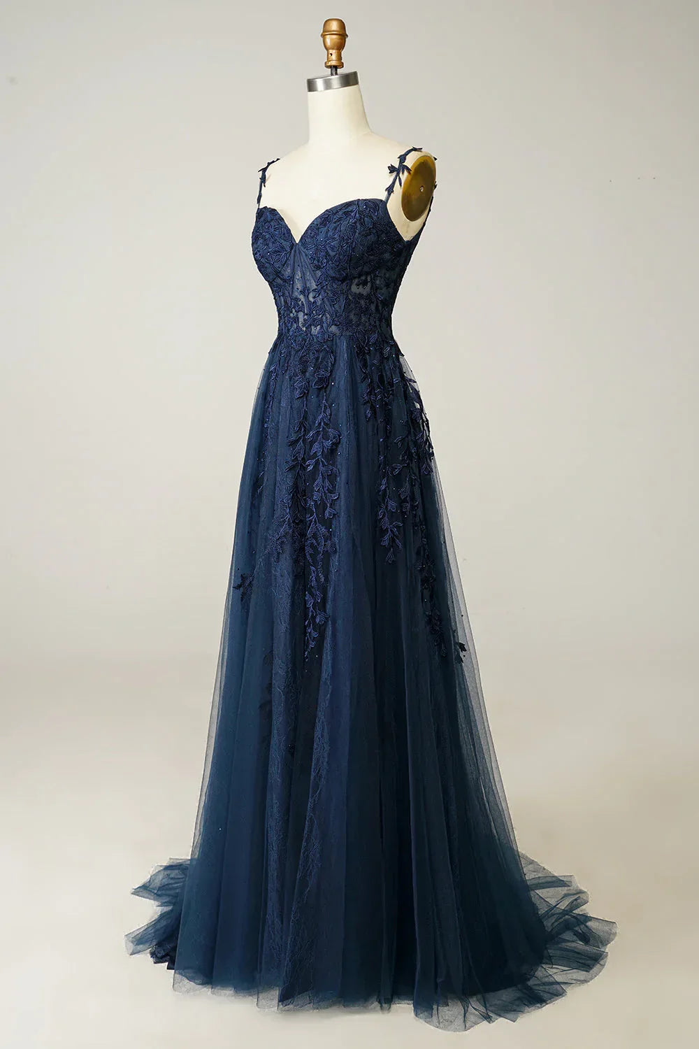 Vestido de Gala Azul Marinho em Linha A com Renda e Tule Vestido de Noite Y382