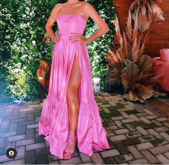 Abito lungo da sera rosa in raso senza spalline Abito elegante rosa per ballo Y442