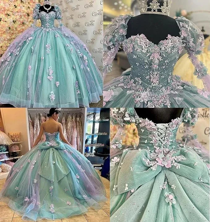 Fliederfarbener 3D-Blumenballkleid Quinceañera-Kleider Puff Lange Ärmel Y6580